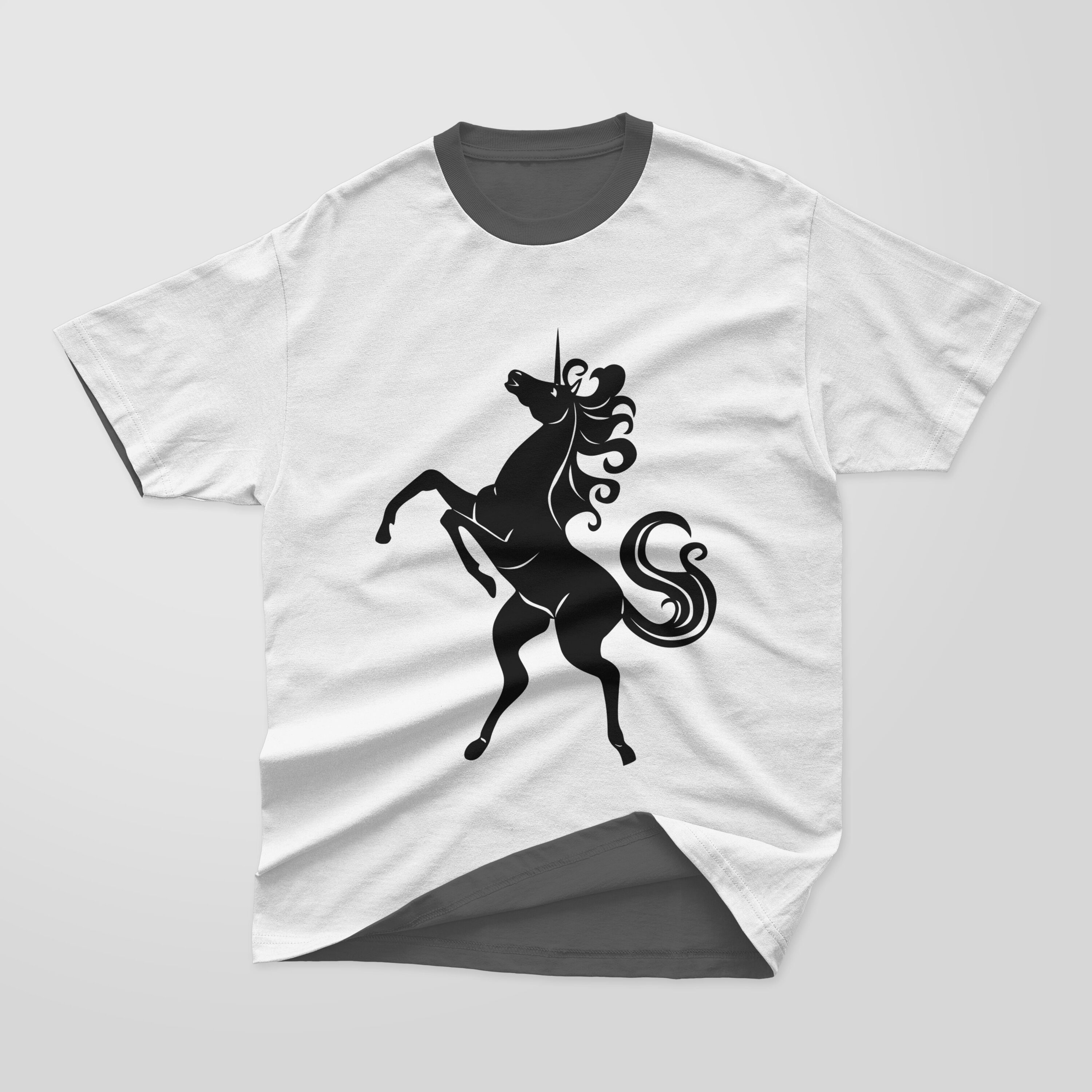 White and dark gray T-shirt with a dark gray collar and a black silhouette of a flying unicorn on a gray background.