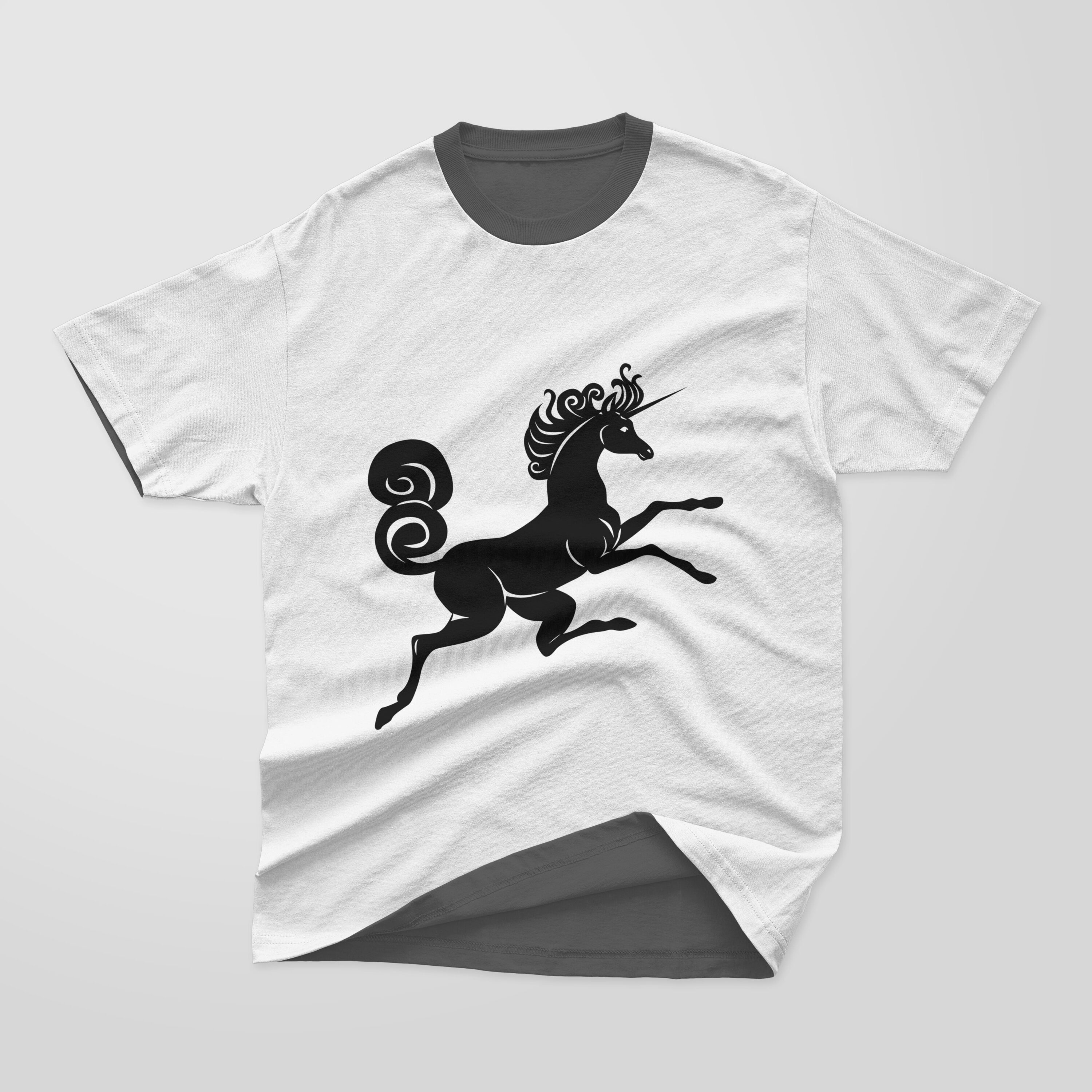 White and dark gray T-shirt with a dark gray collar and a black silhouette of a unicorn on a gray background.