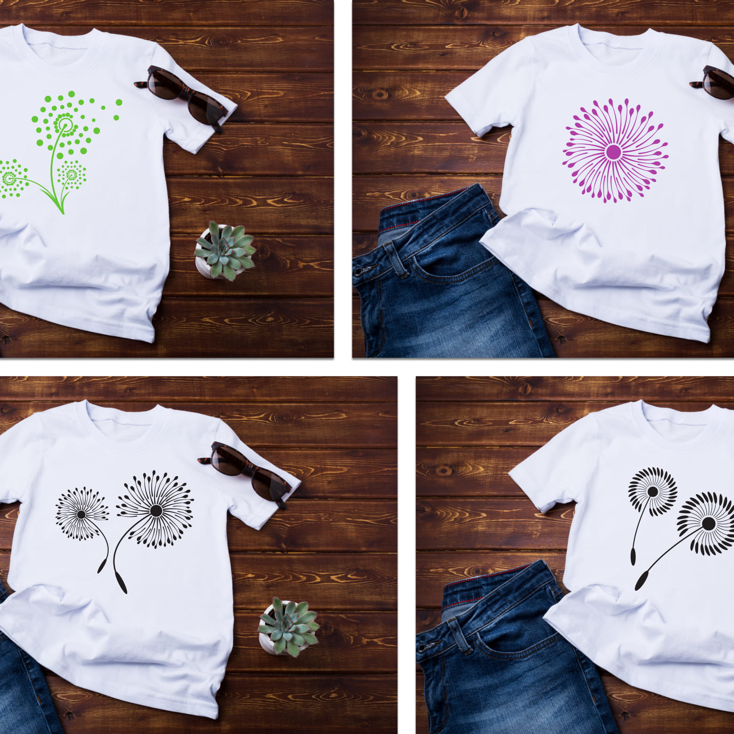 Set with images of t-shirts with gorgeous dandelion prints.