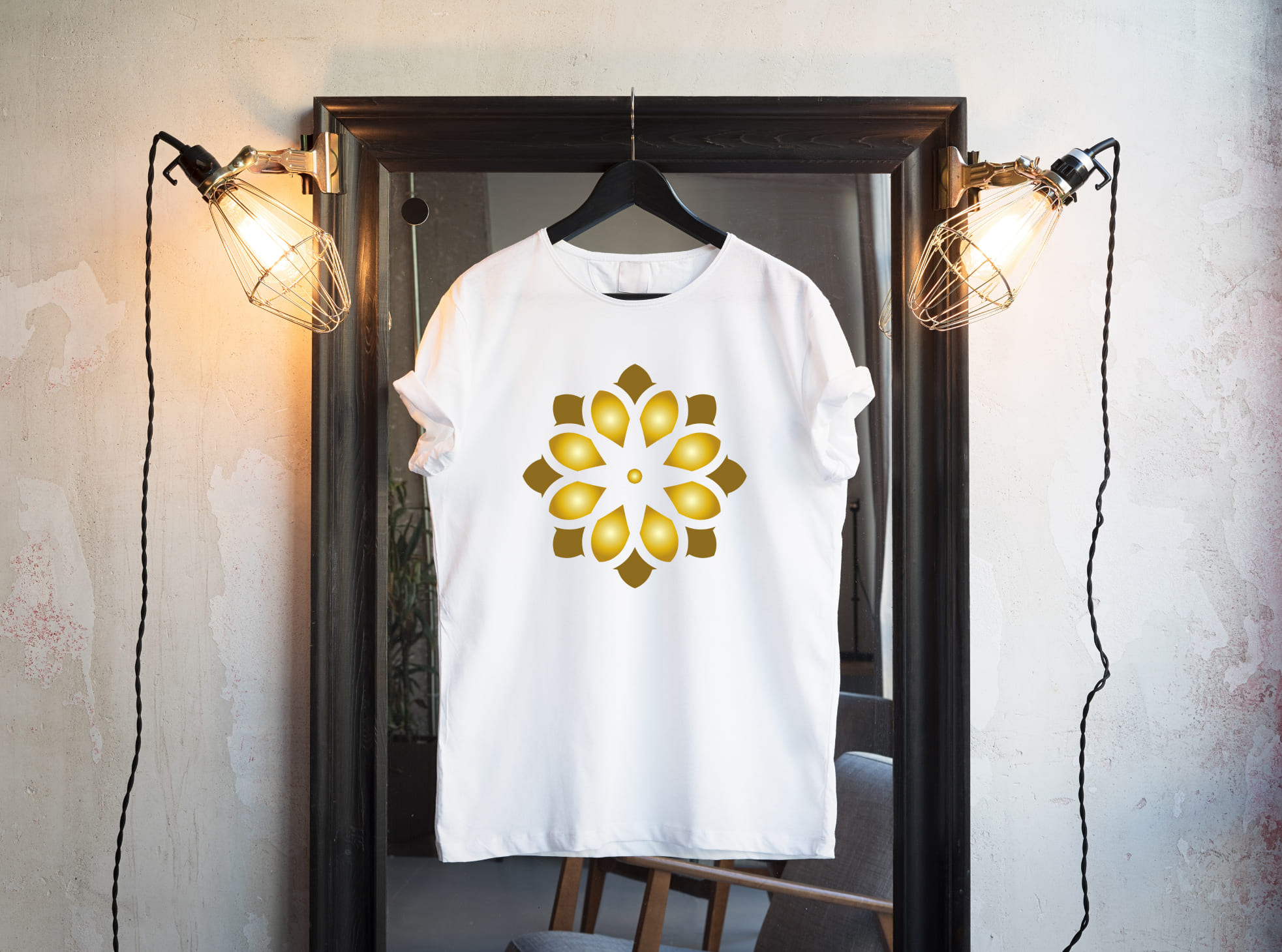 Creative yellow lotus with the rounds on the white t-shirt.