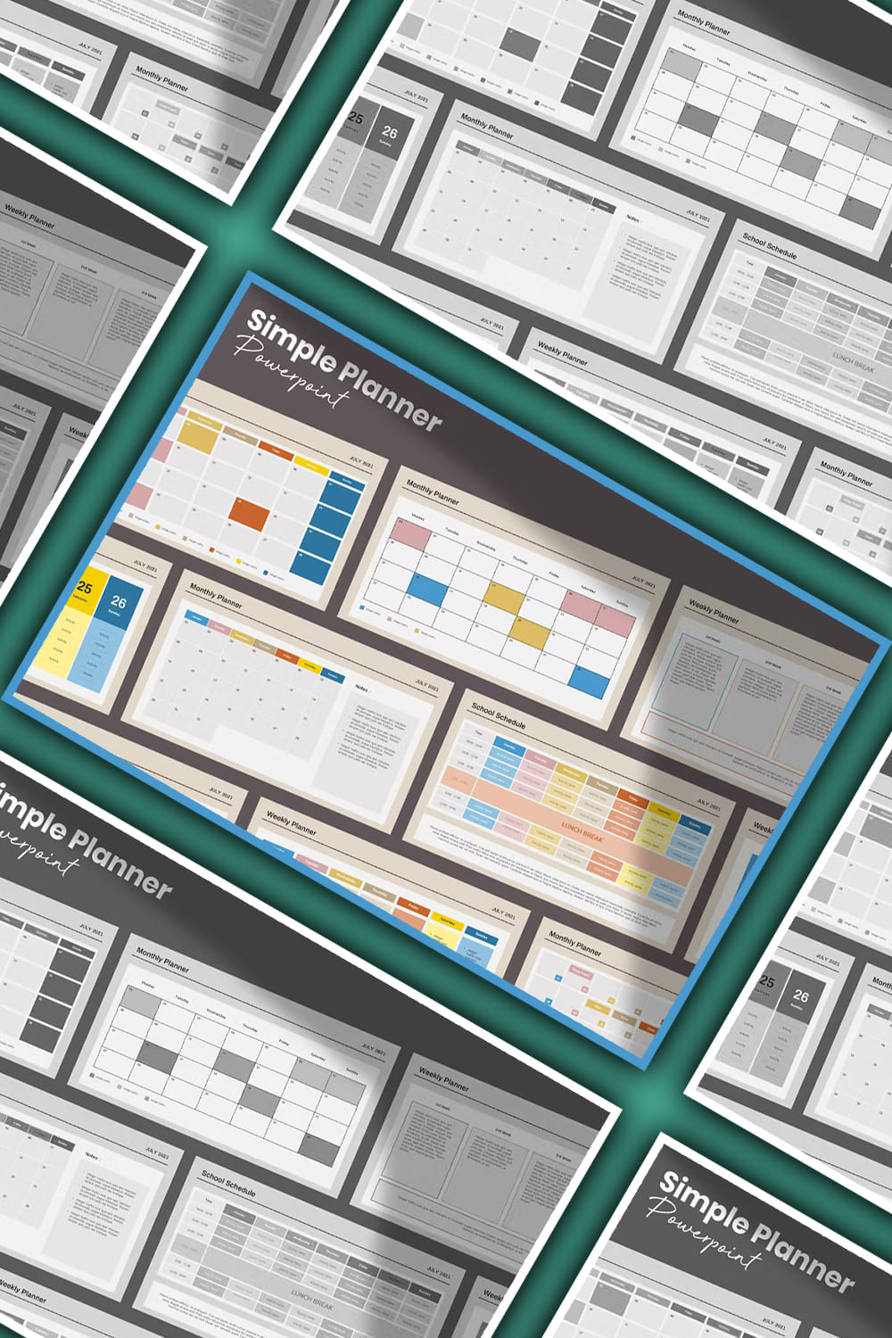 A selection of images of colorful planner presentation template slides.