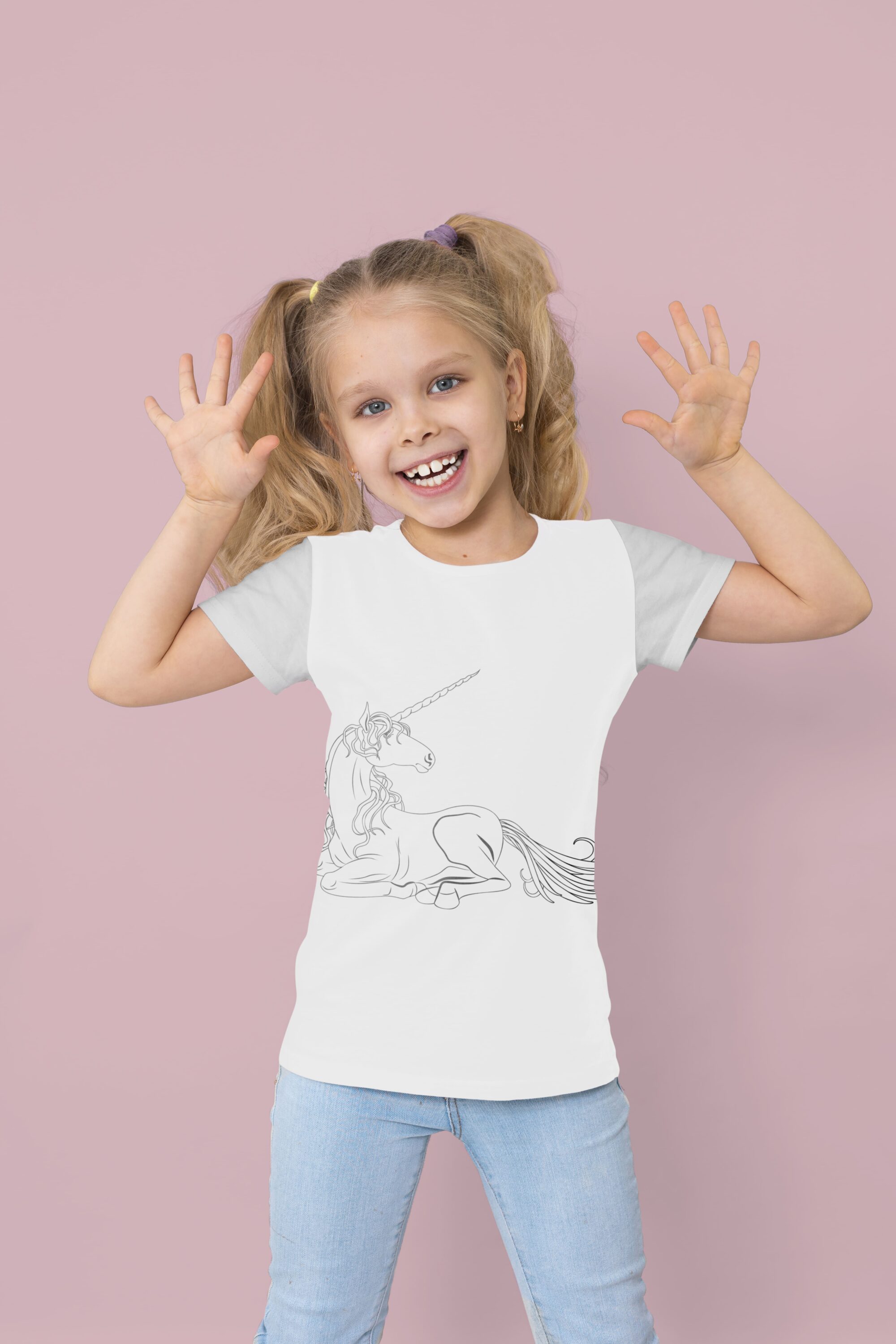 White t-shirt with gray sleeves and a gray lying unicorn, on a girl on a pink background.