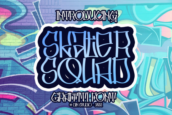 Blue "Skater squad" lettering in graffiti font on an abstract background.