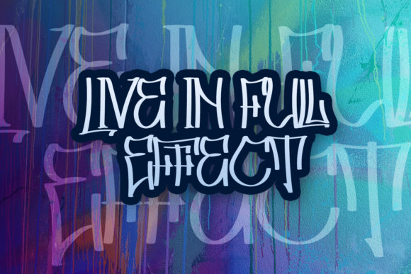 White "Live in full effect" lettering in graffiti font on an abstract background.