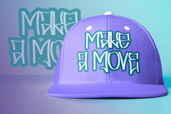 A purple cap with a white "Make a move" lettering in graffiti font on a gradient background.