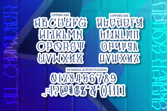 An example of blue and white all uppercase and lowercase letters, numbers, and symbols in graffiti font on a blue background.