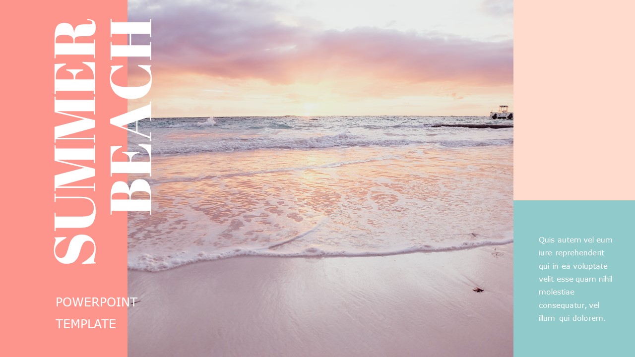 An image of a seaside and white lettering "Summer beach" on a pink background.