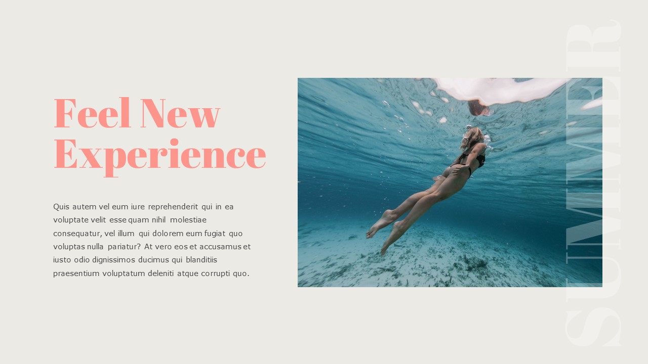 An image of a girl under water and a pink lettering "Feel a new experience" on a gray background.