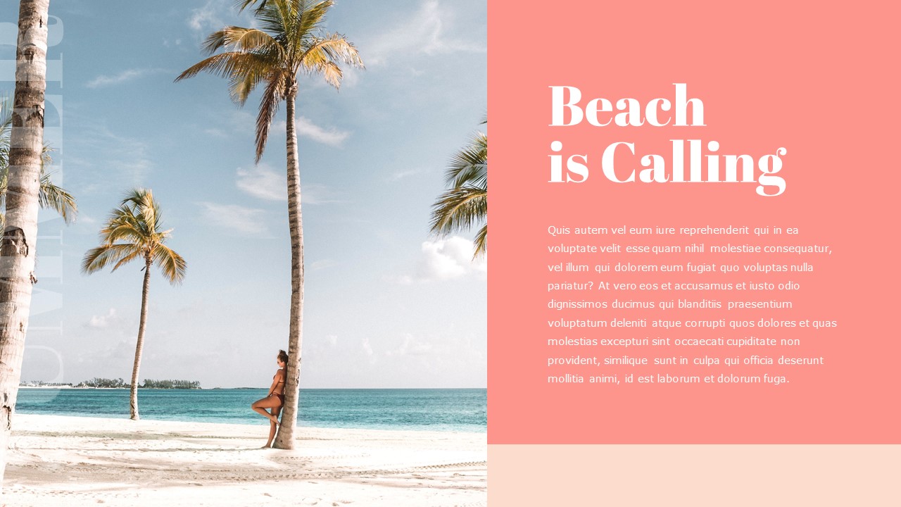 An image of a seaside and white lettering "Beach is calling" on a pink background.
