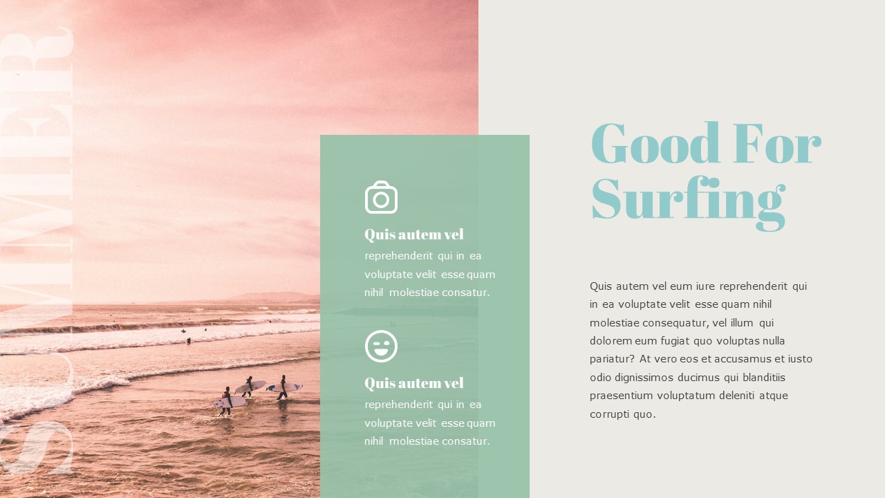 An image of a pink seaside and mint lettering "Good for surfing" on a gray background.