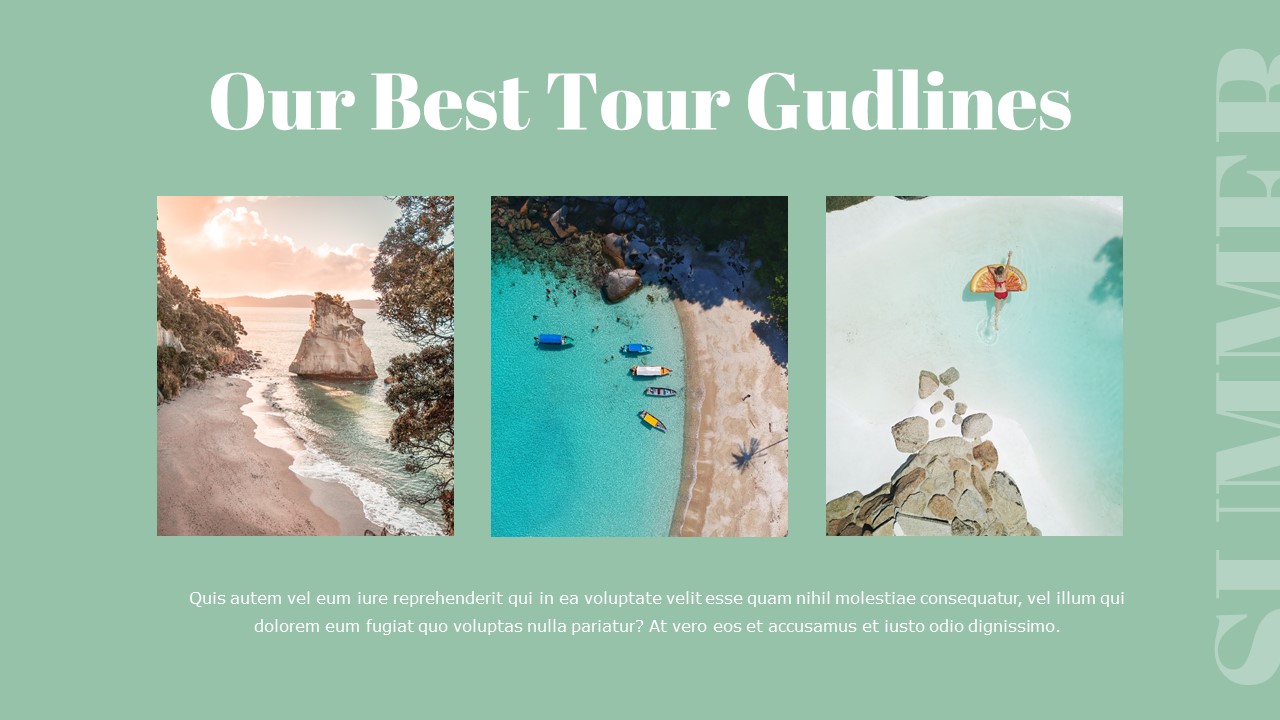 3 images of the sea and white lettering "Our best tour gudlines" on a mint background.