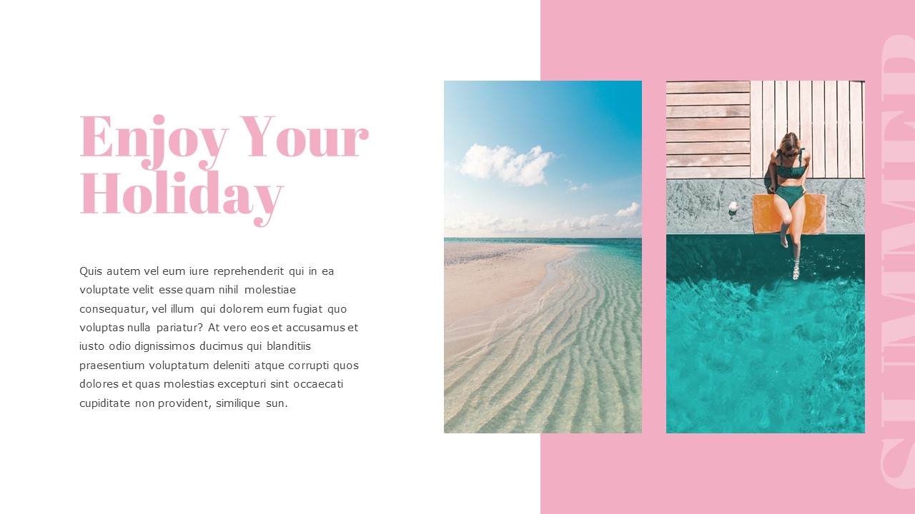2 images of the sea and pink lettering "Enjoy your holiday" on a white background.