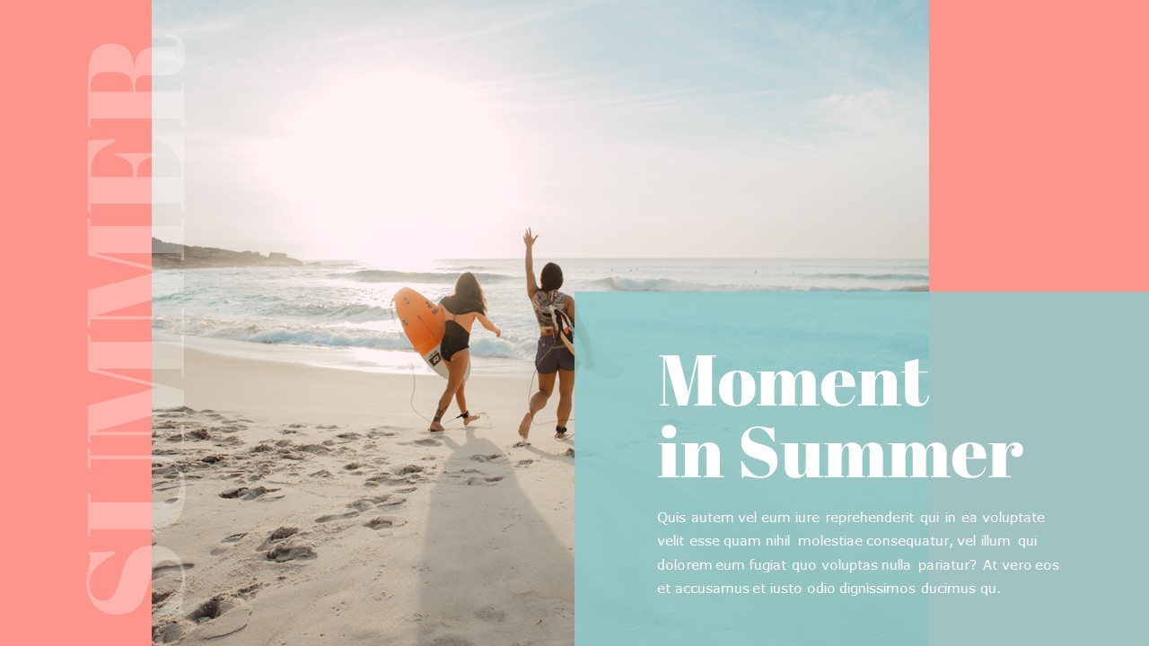 An image of a seaside and white lettering "Moment in Summer" on a blue background.