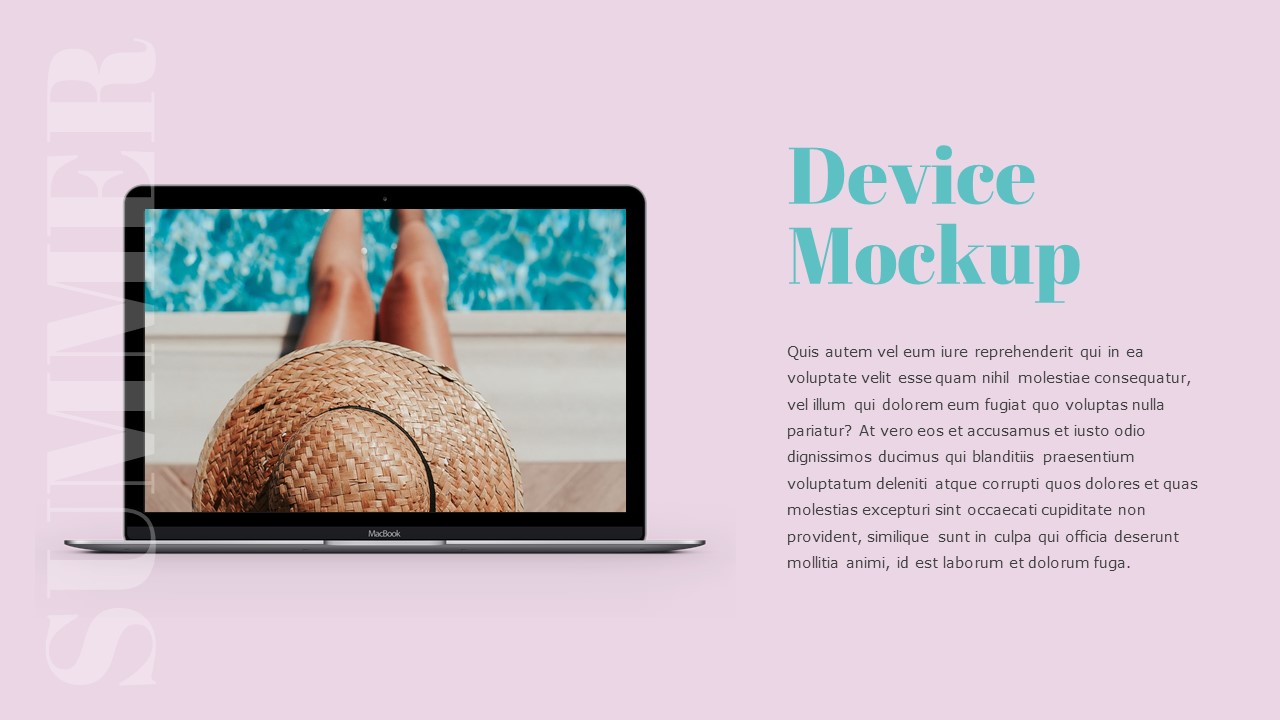 A mockup macbook with the image of a girl on the sea and blue lettering "Device Mockup" on a pink background.