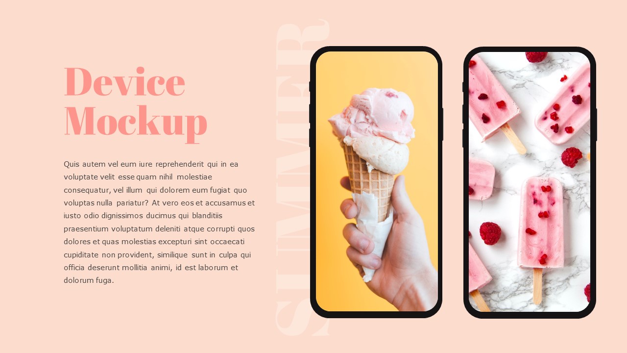 2 iphone mockups with an image of ice cream and a pink "Device Mockup" lettering on a pink background.