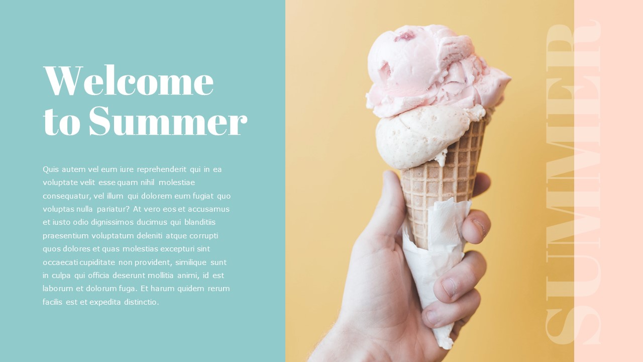 An image of ice cream and a white "Welcome to Summer" lettering on a blue background.
