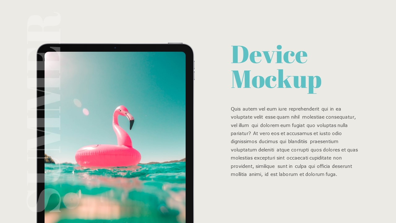 A mockup ipad with the image of the sea and blue lettering "Device Mockup" on a gray background.
