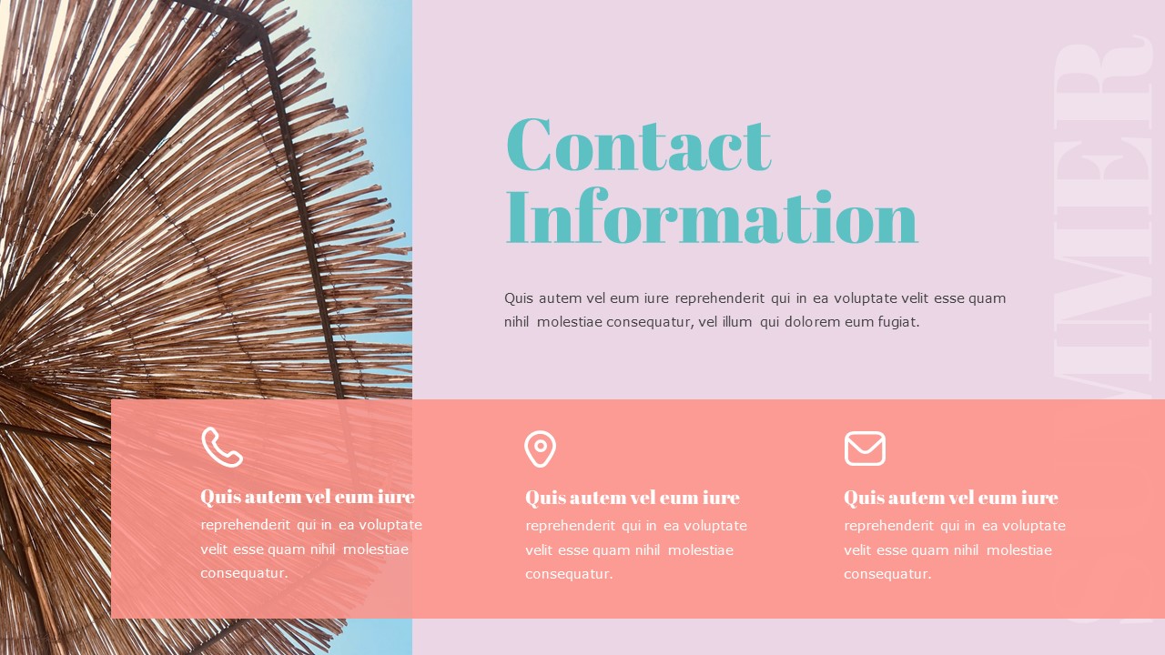An image of the sea and blue lettering "Contact Information" on a pink background.