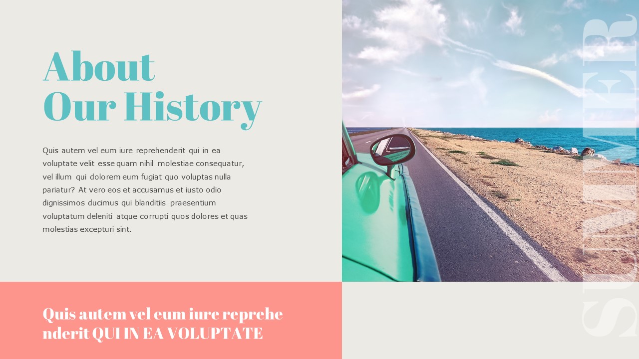 An image of a road by the sea and blue lettering "About our history" on a gray background.