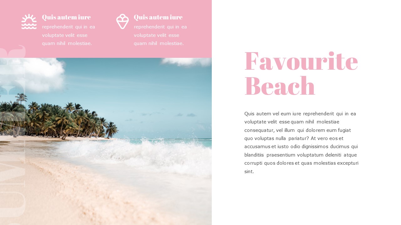 An image of a seaside and pink lettering "Favourite Beach" on a white background.