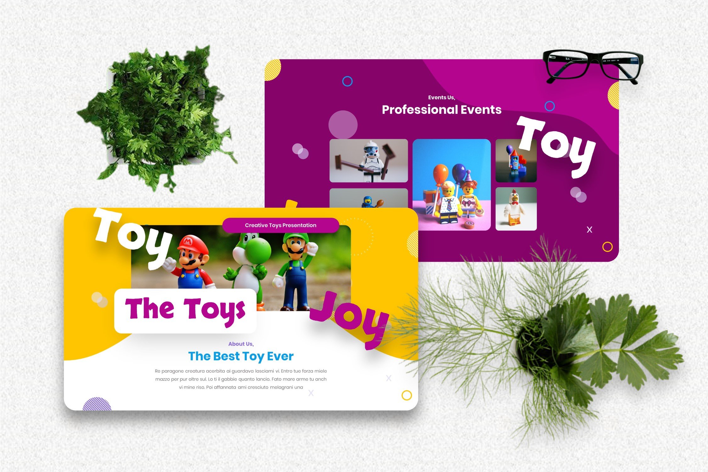 Purple and yellow template for your toy's presentation.