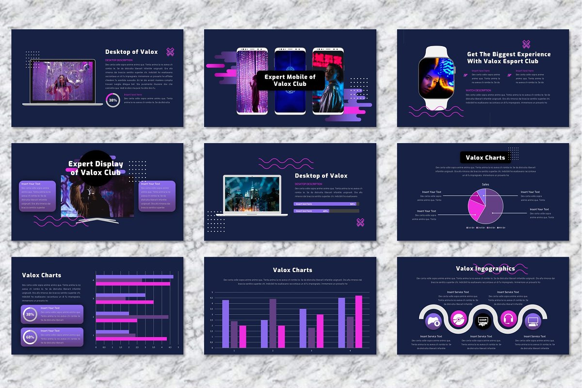 Template contains the thematic infographics elements and mockups.