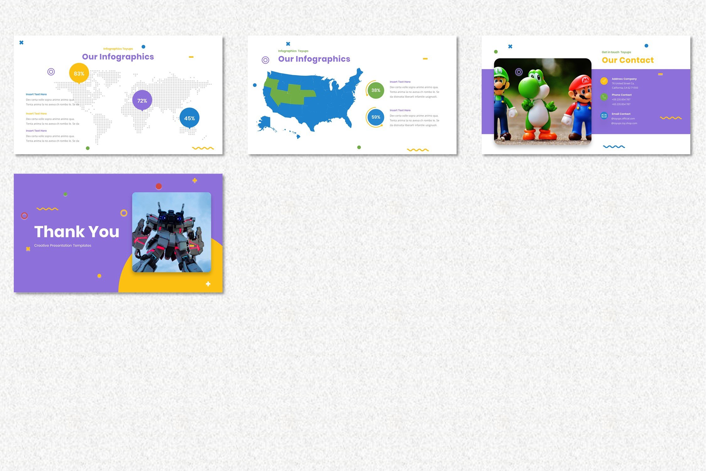 This template includes own bright maps and some infographics.