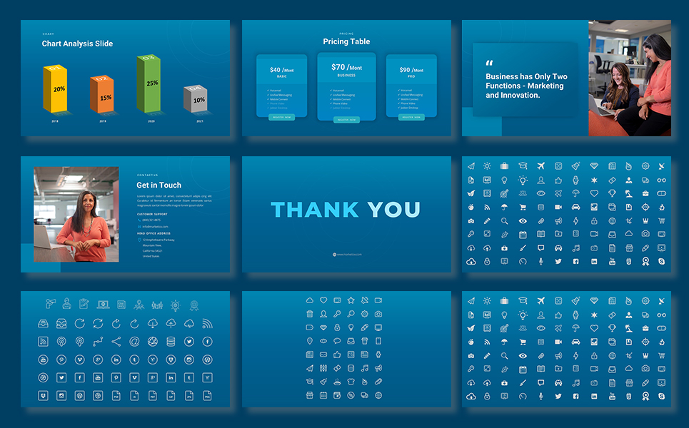 Marketing PowerPoint Blue Template preview image.