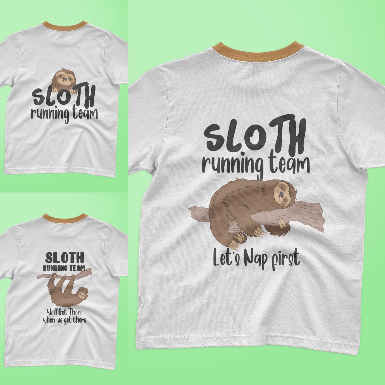 A set of t-shirts with enchanting prints of sloths with slogans "running team".