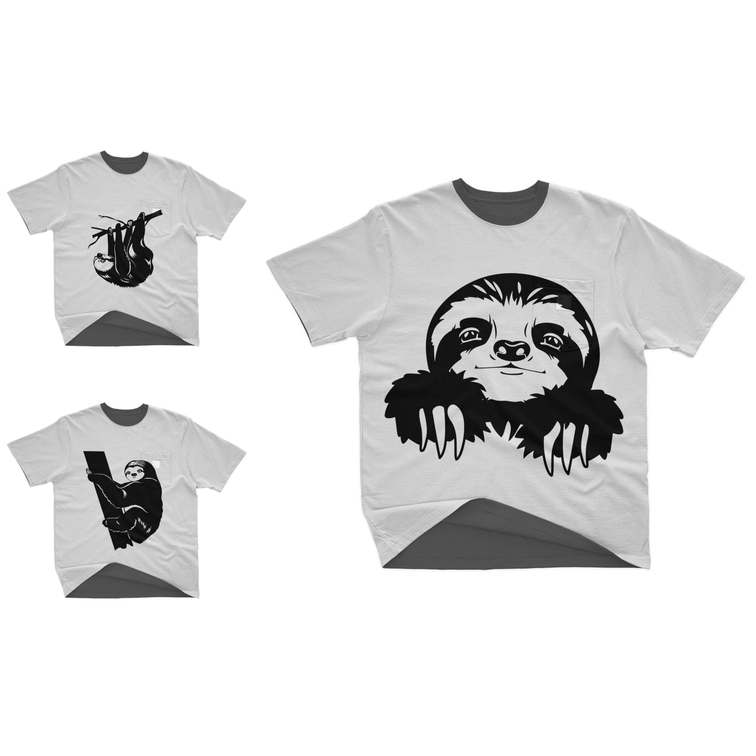 A set of white t-shirts with an adorable sloth silhouette print.