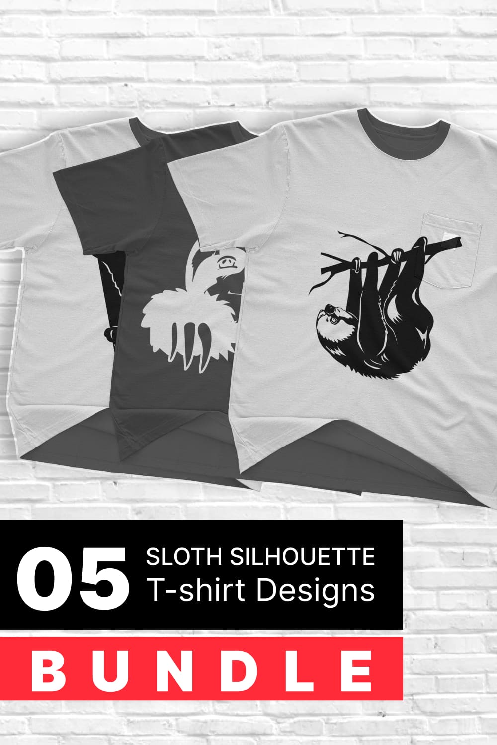 Bundle of t-shirts with colorful sloth silhouette print.