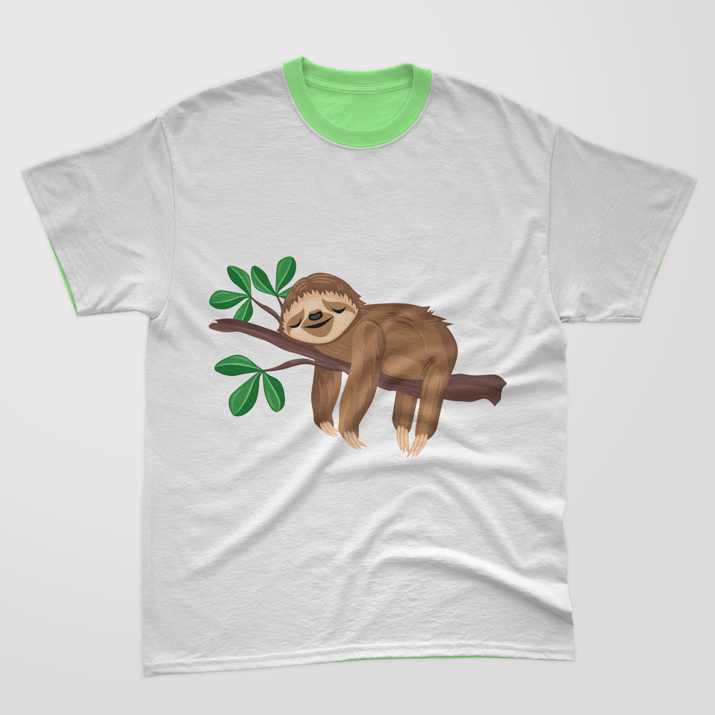 Image of a t-shirt with a colorful sloth print.