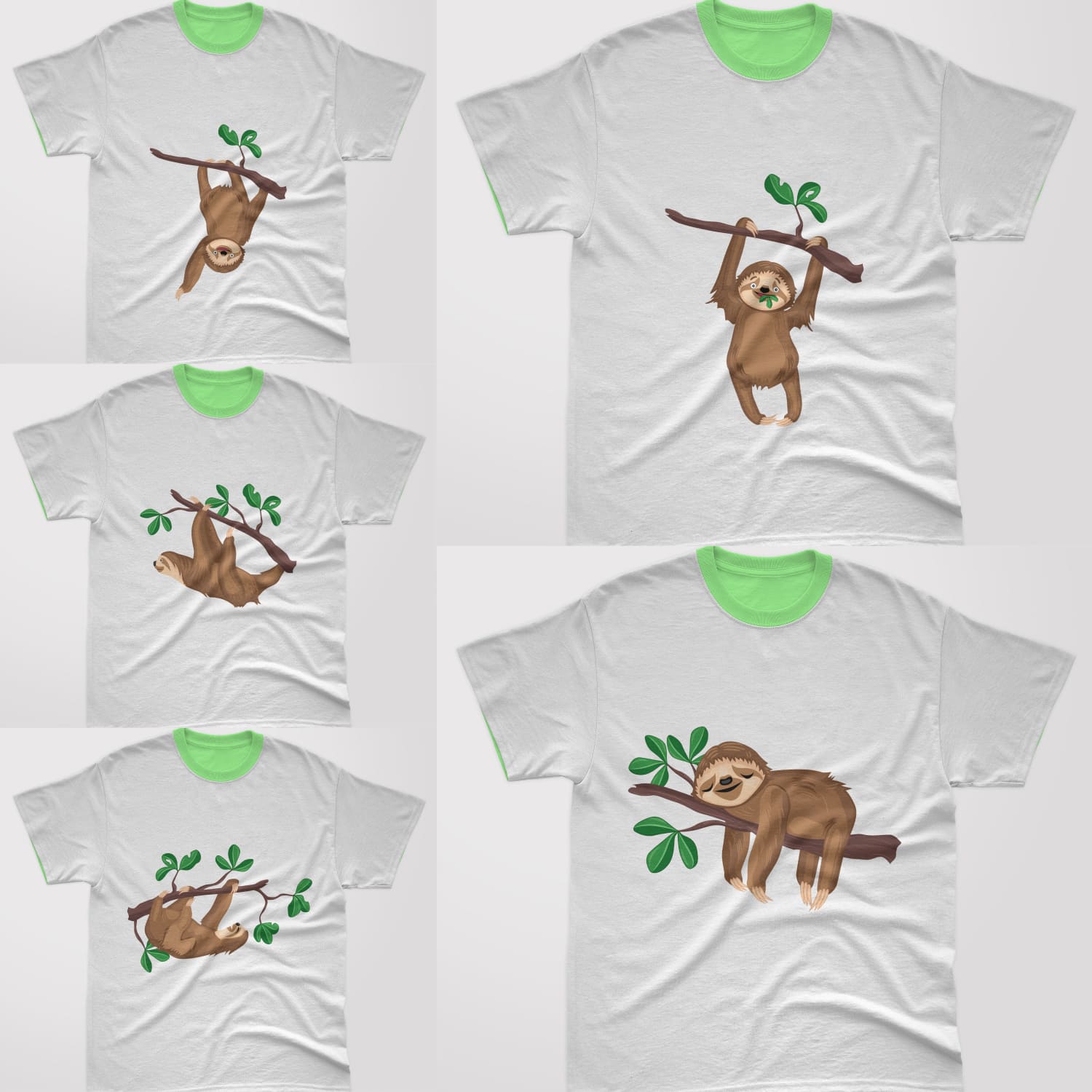 Collection of white t-shirts with cartoon sloth print.