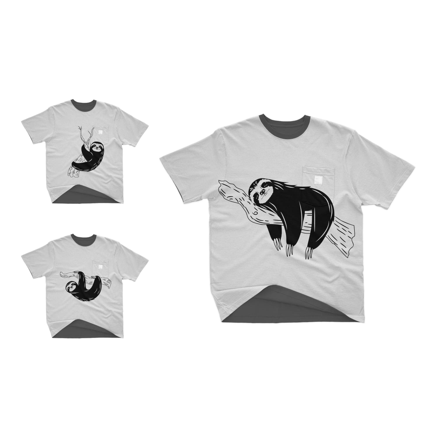 A pack of t-shirts with an irresistible black and white sloth print.