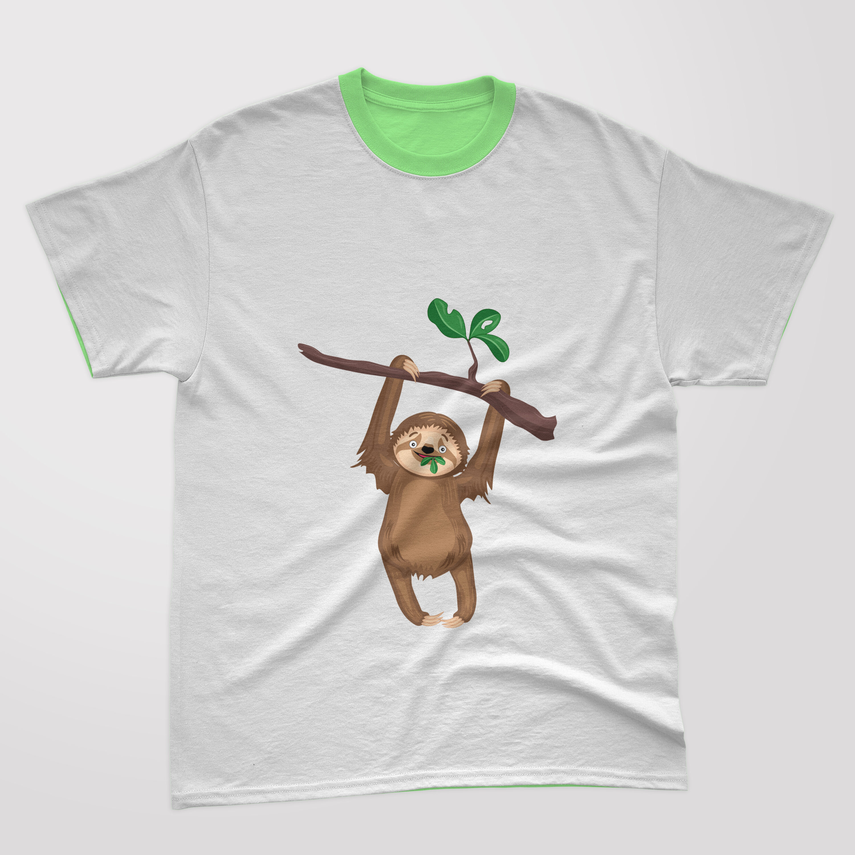 Image of a t-shirt with a beautiful sloth print on a tree.