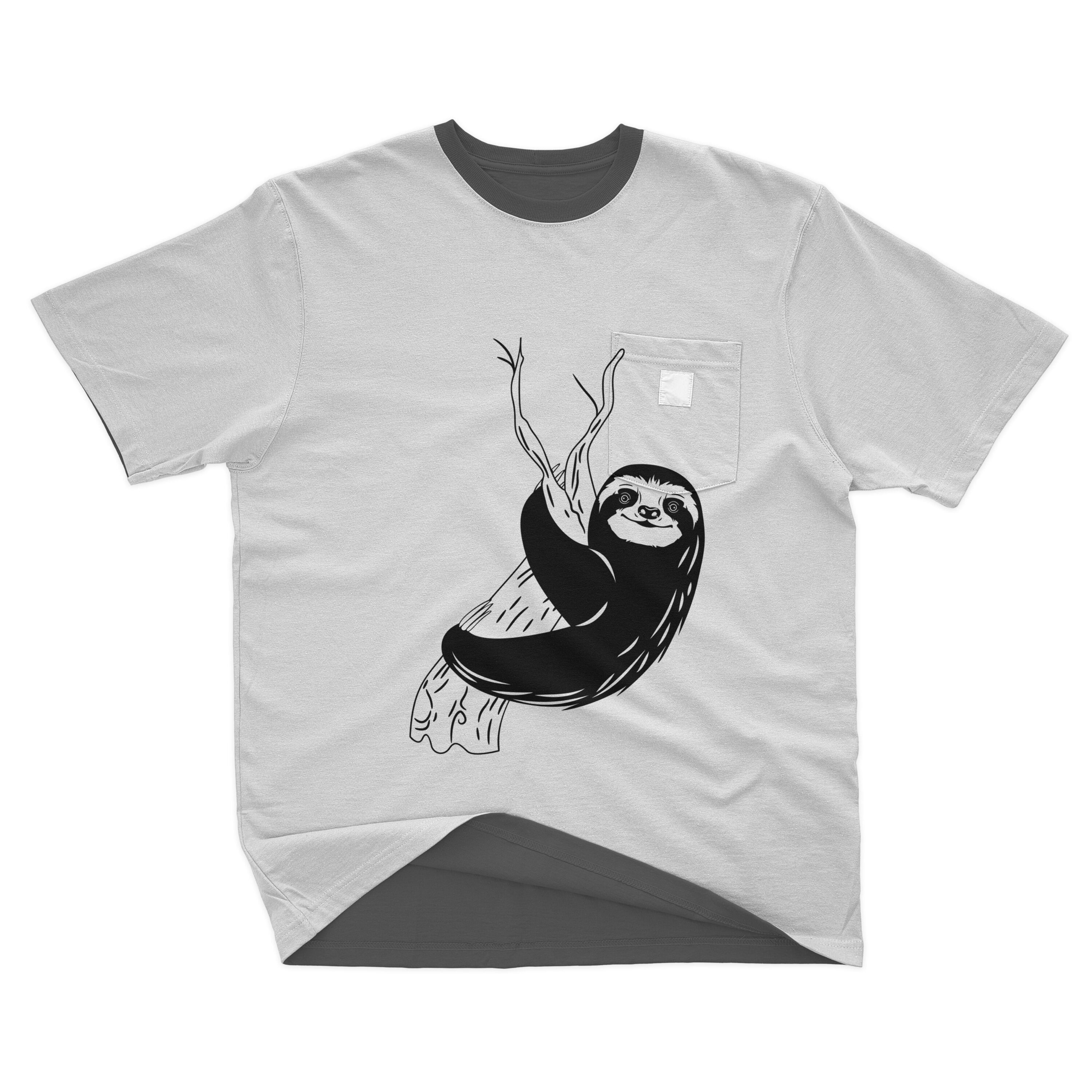 Picture of a white t-shirt with an adorable black and white sloth print.