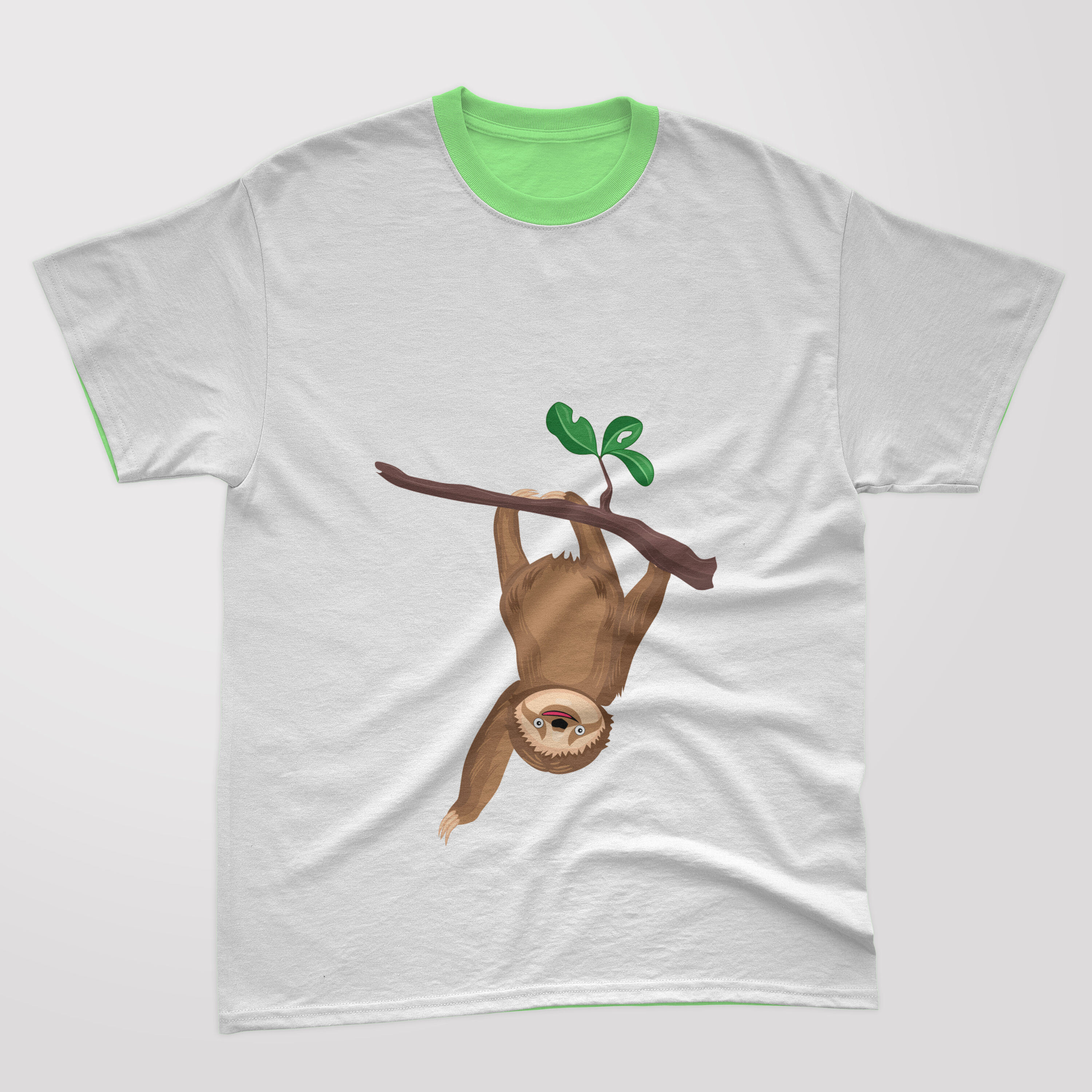 T-shirt image with enchanting sloth print on wood.