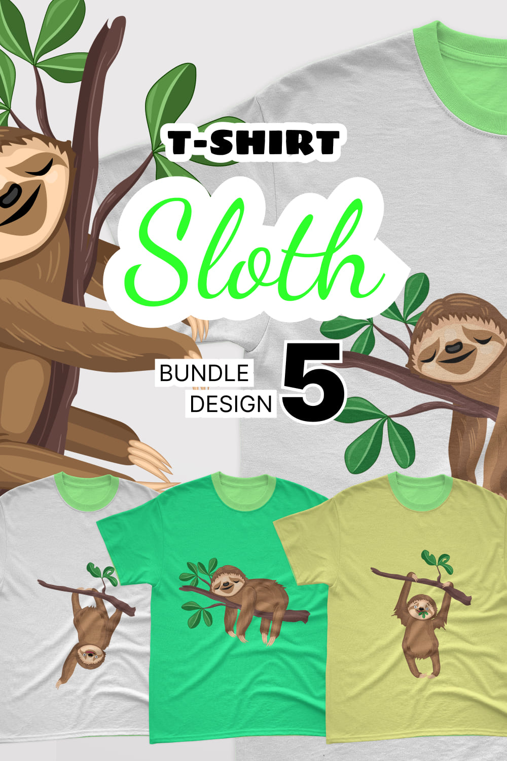 A set of white t-shirts with an adorable cartoon sloth print.