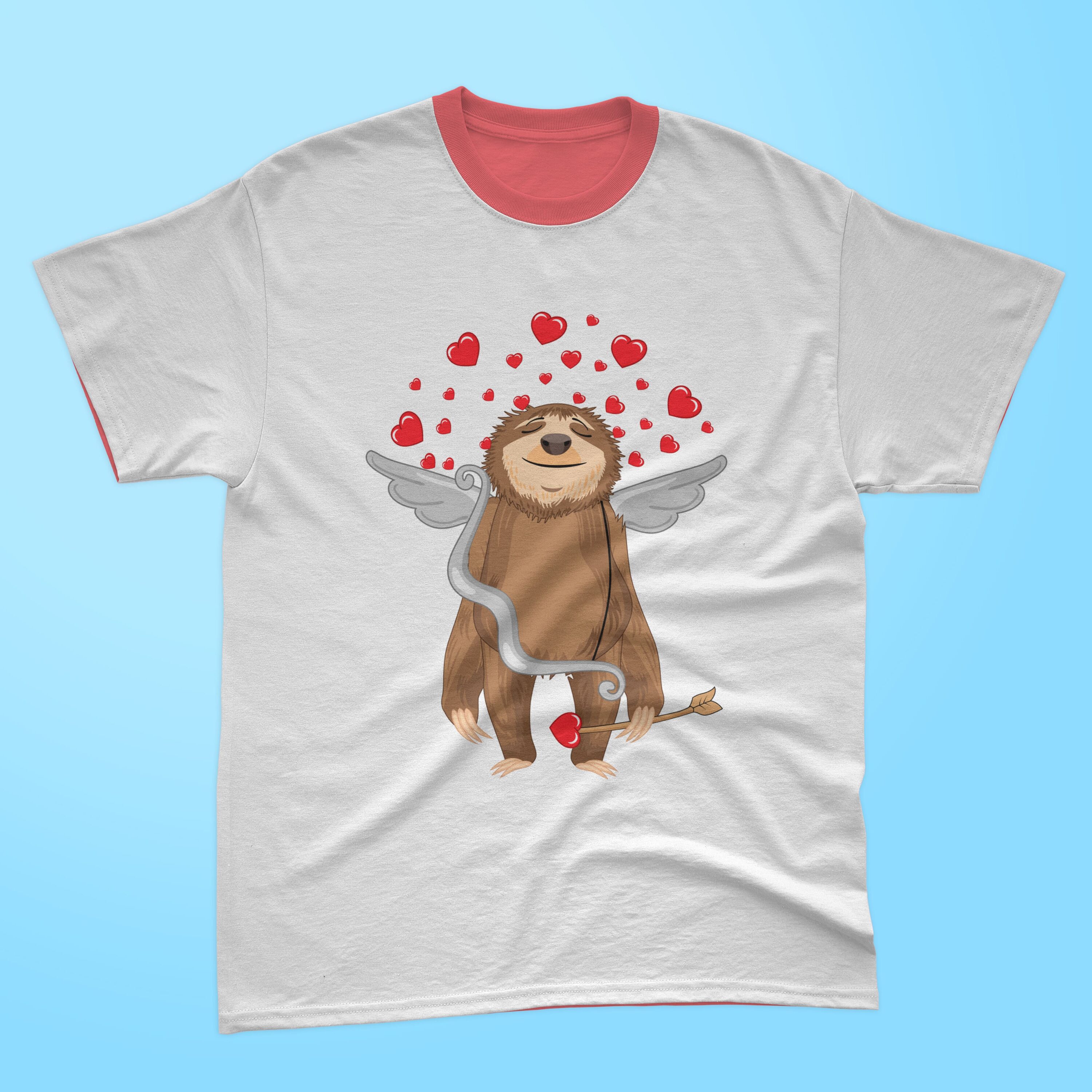Image of a white t-shirt with an enchanting print of a sloth cupid.