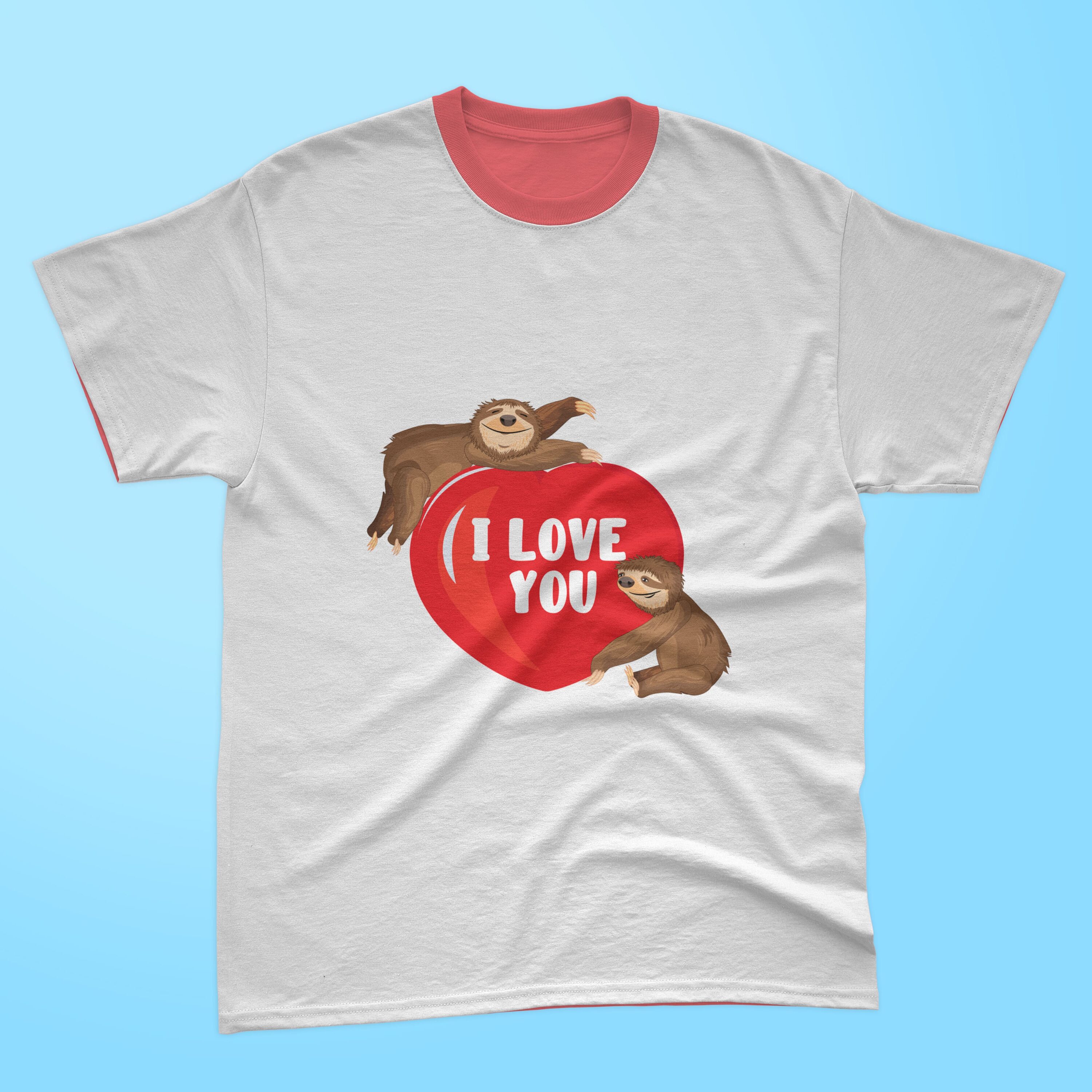 Picture of white t-shirt with unique sloth print with valentine.