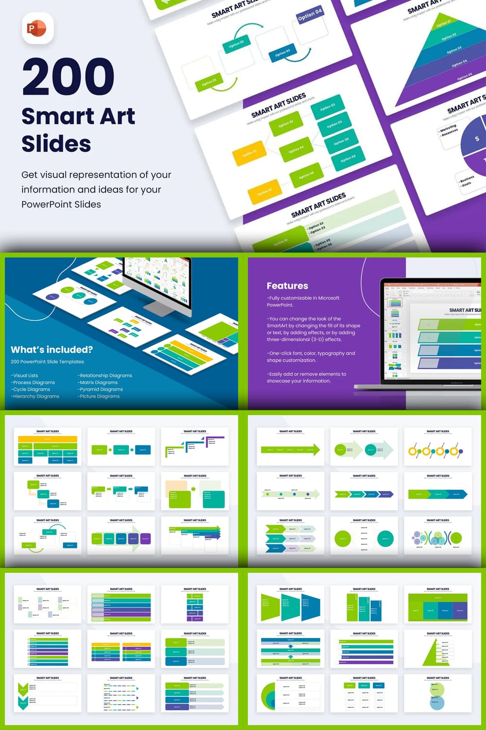 Collage of presentation pages with infographics and blue-green-purple color scheme.