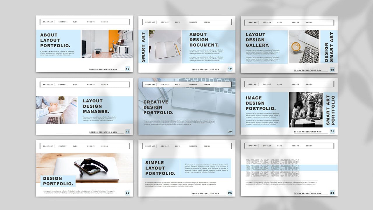 Pack of images of enchanting slides of a business presentation template.