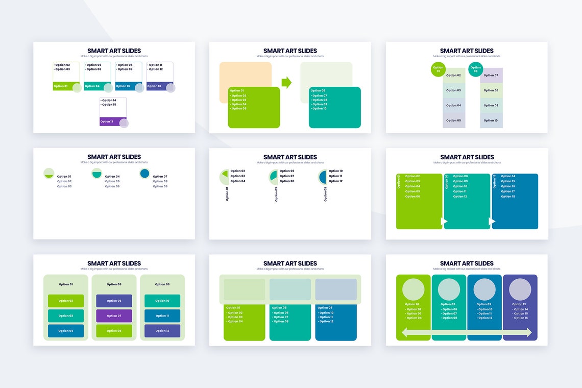 A selection of images of charming slides with infographics of the presentation template.