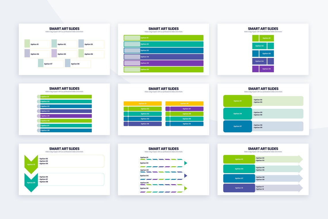 A pack of images of enchanting slides with presentation template infographics.
