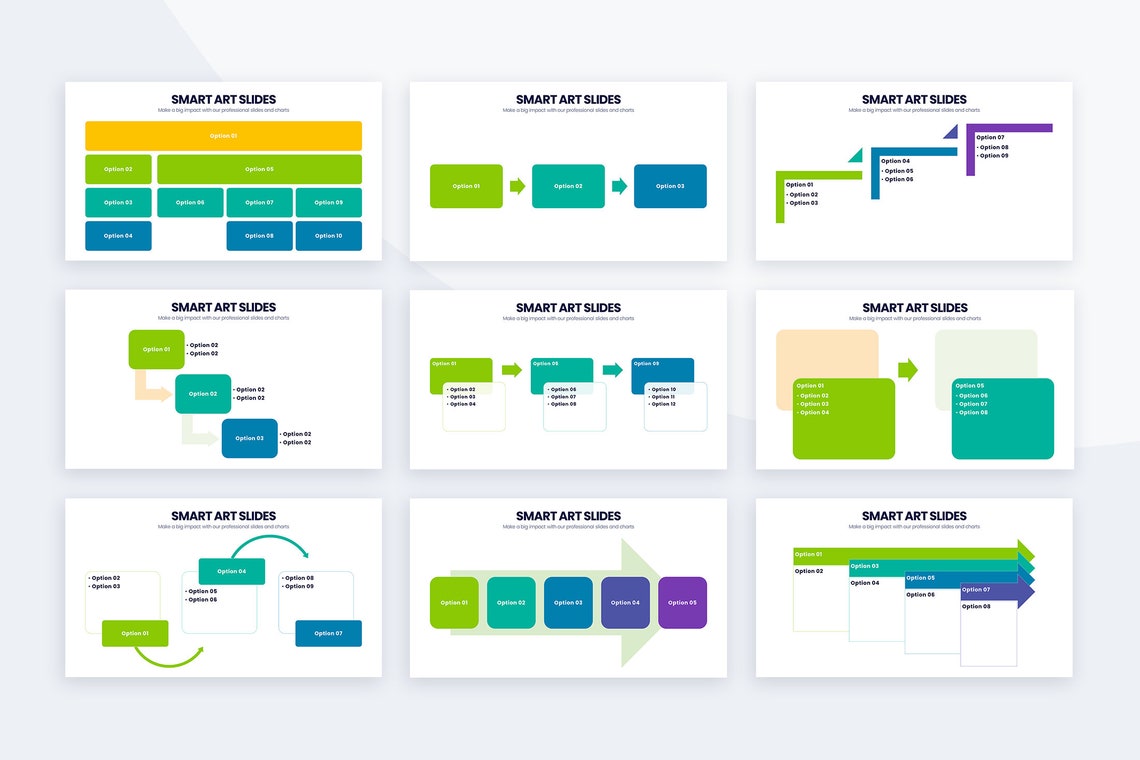 Collection of images of elegant slides with presentation template infographics.