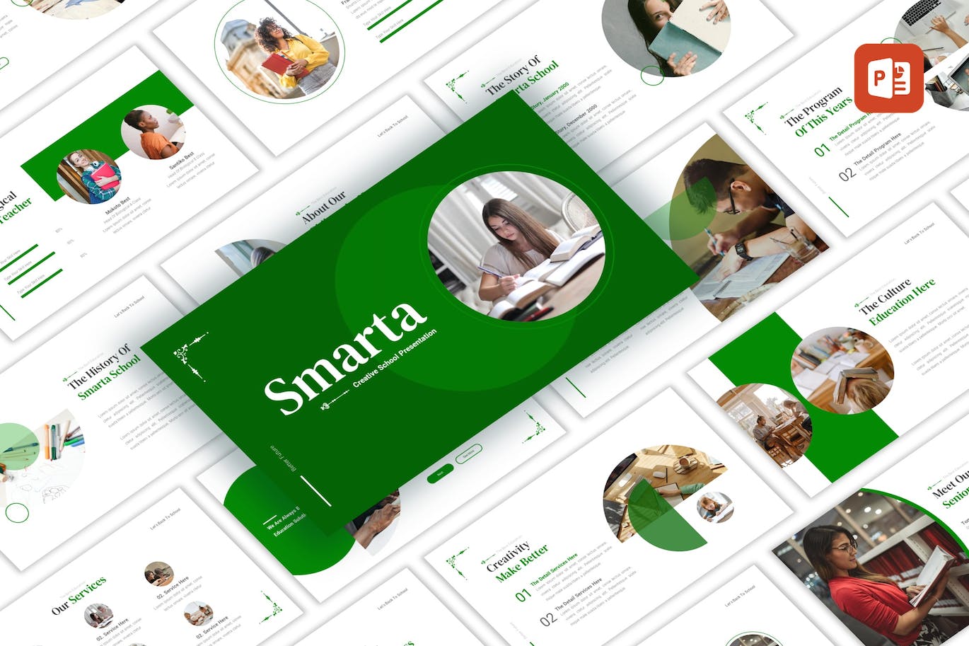 Set of images of amazing presentation template slides in green and white colors.