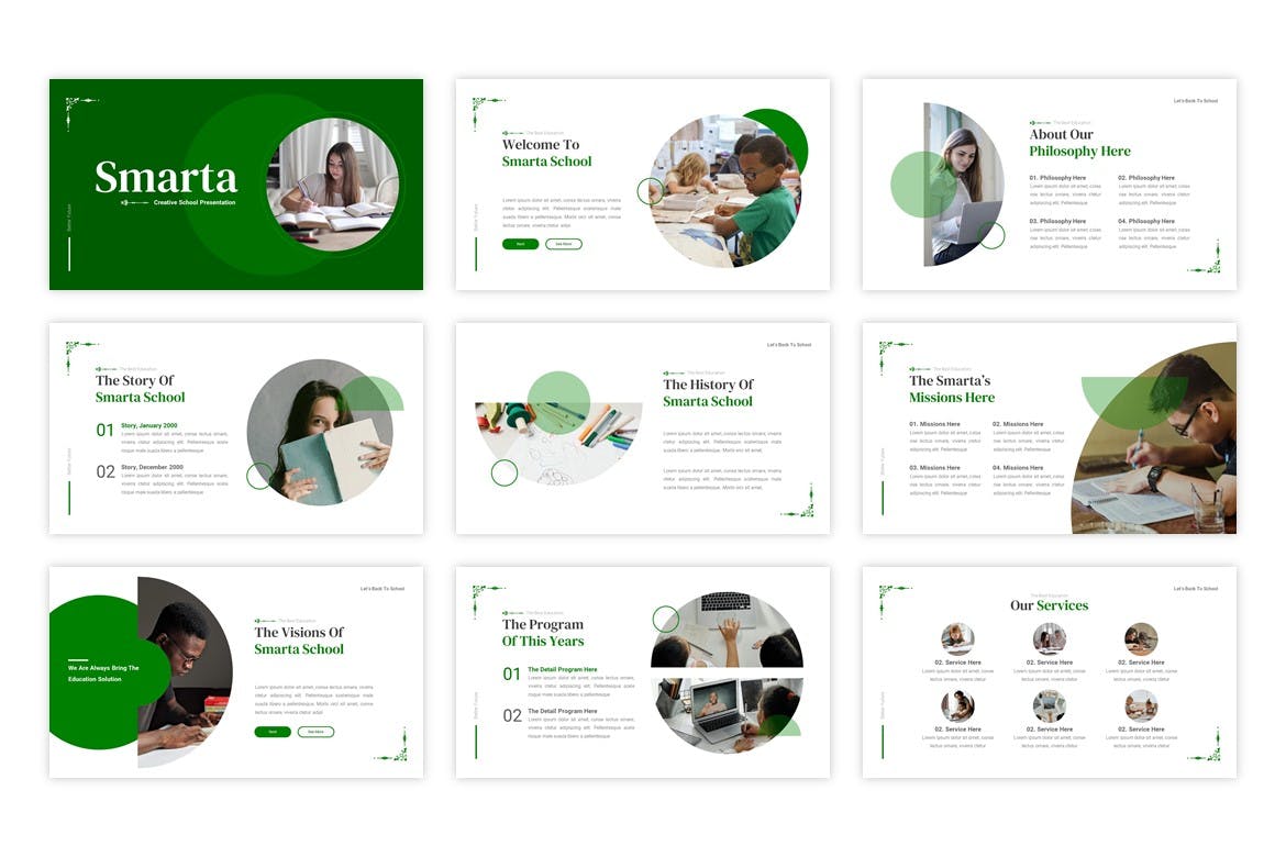 Pack of images of elegant presentation template slides in green and white tones.