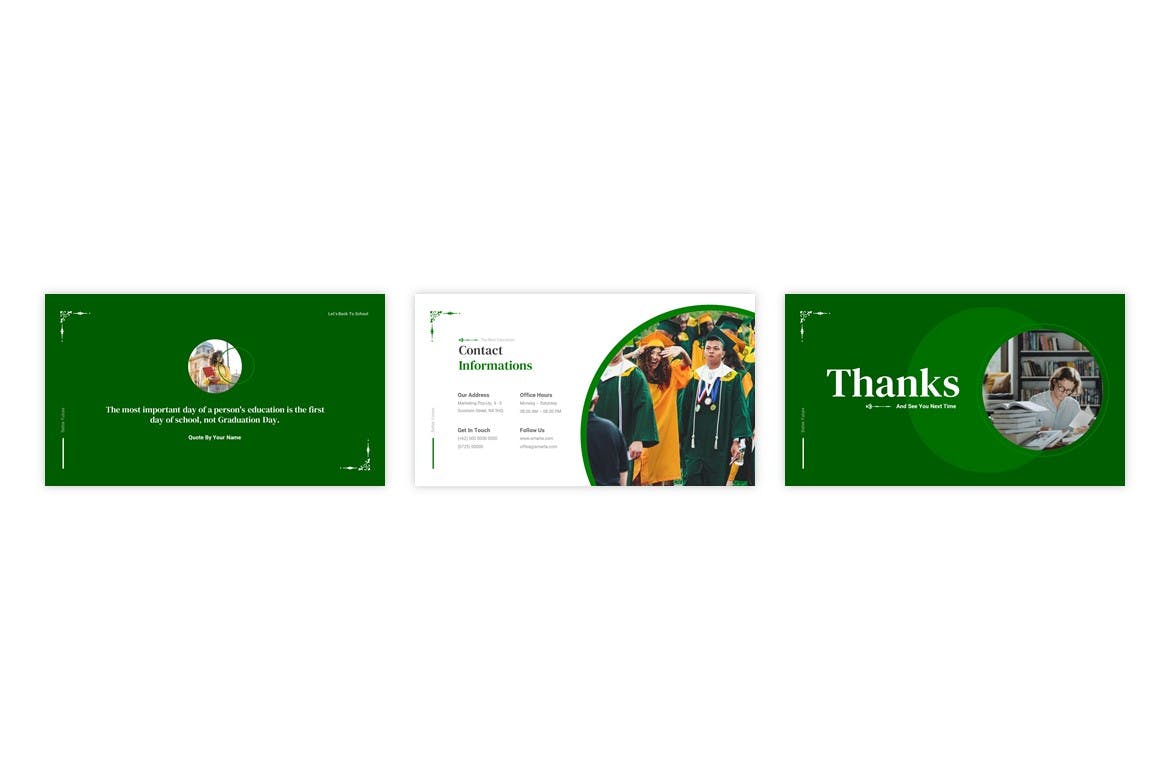 Collection of images of enchanting presentation template slides in green and white tones.