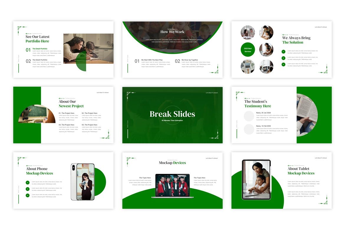 Collection of images of unique presentation template slides in green and white tones.