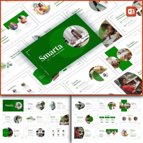 A selection of images of irresistible presentation template slides in green and white tones.